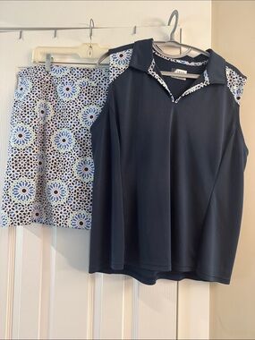 Izod Navy Sleeveless Polo Top and Skirt Set with Blue Floral Trim